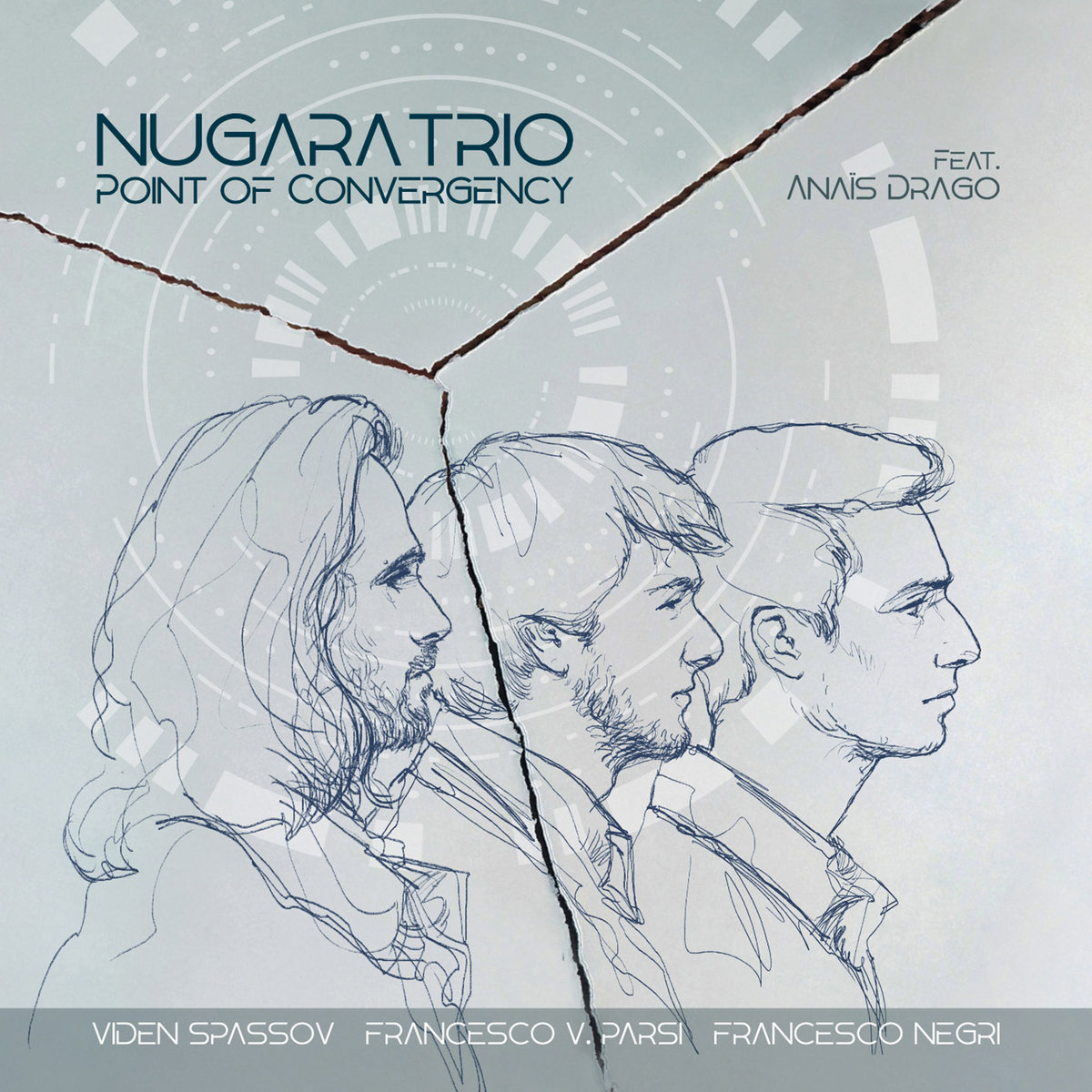 Sketch of three men in profile, one of them being Francesco Negri,  with a torn paper effect and circular graphic elements, album titled 'Nugara Trio Point of Convergency' featuring Anaïs Drago.